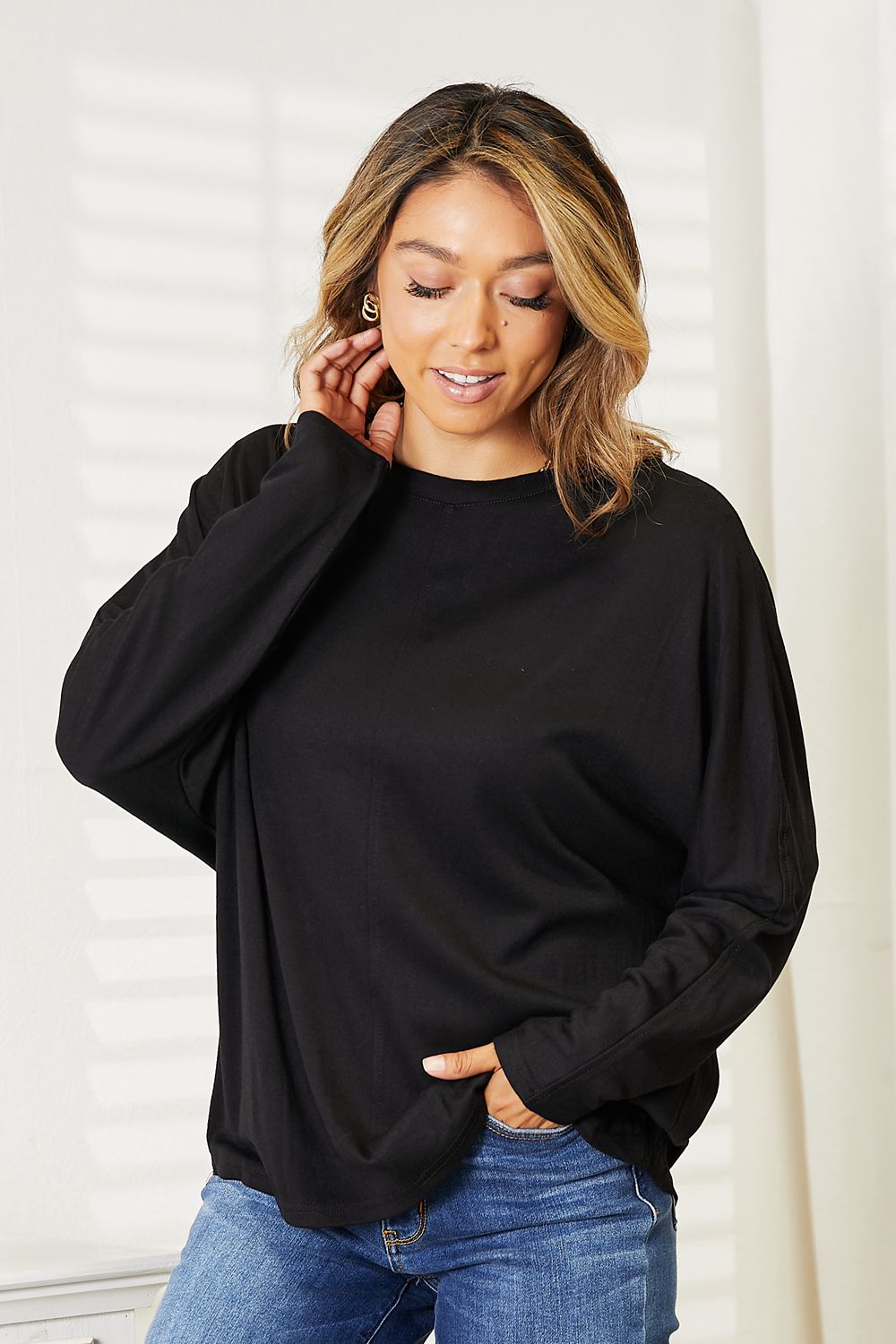 Double Take Seam Detail Round Neck Long Sleeve Top Top Trendsi   