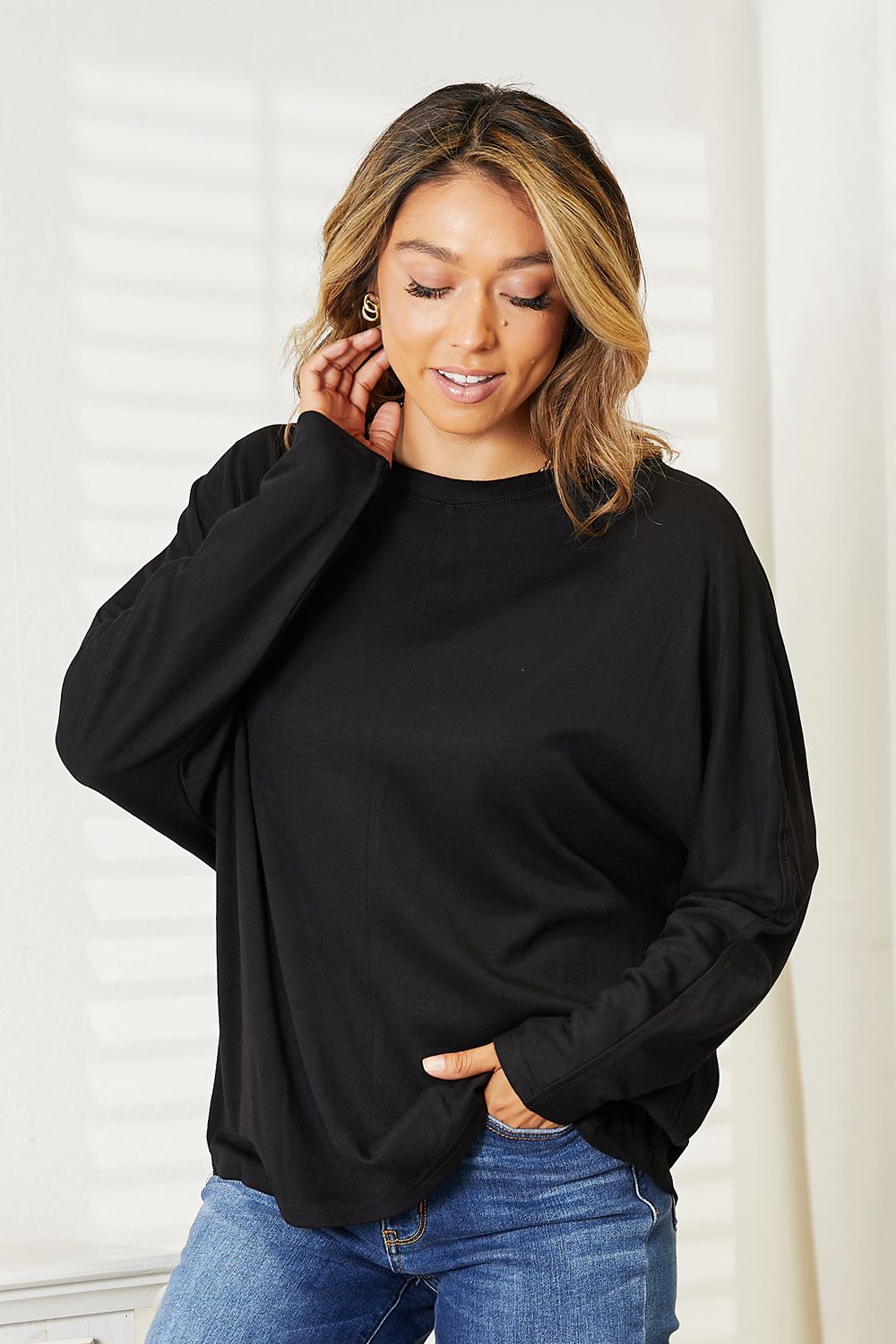 Double Take Seam Detail Round Neck Long Sleeve Top - NeoKira Unlimited