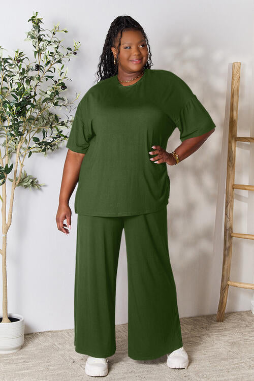 Double Take Full Size Round Neck Slit Top and Pants Set - NeoKira Unlimited