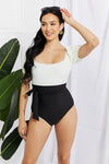 Marina West Swim Salty Air Puff Sleeve One-Piece in Cream/Black Swimsuit Trendsi Cream/Black S 