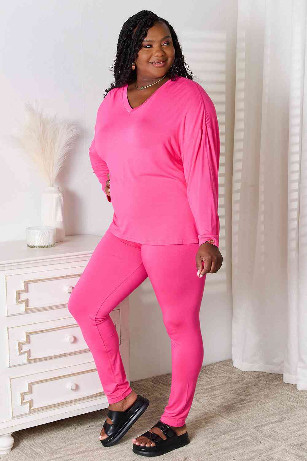 Basic Bae Full Size V-Neck Soft Rayon Long Sleeve Top and Pants Lounge Set Loungewear Trendsi   