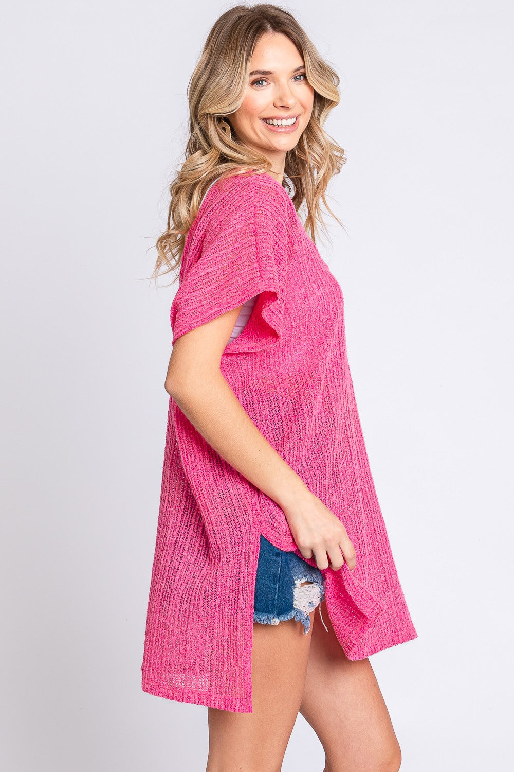 GeeGee Short Sleeve Side Slit Knit Cover Up Dress Cover Up Trendsi   