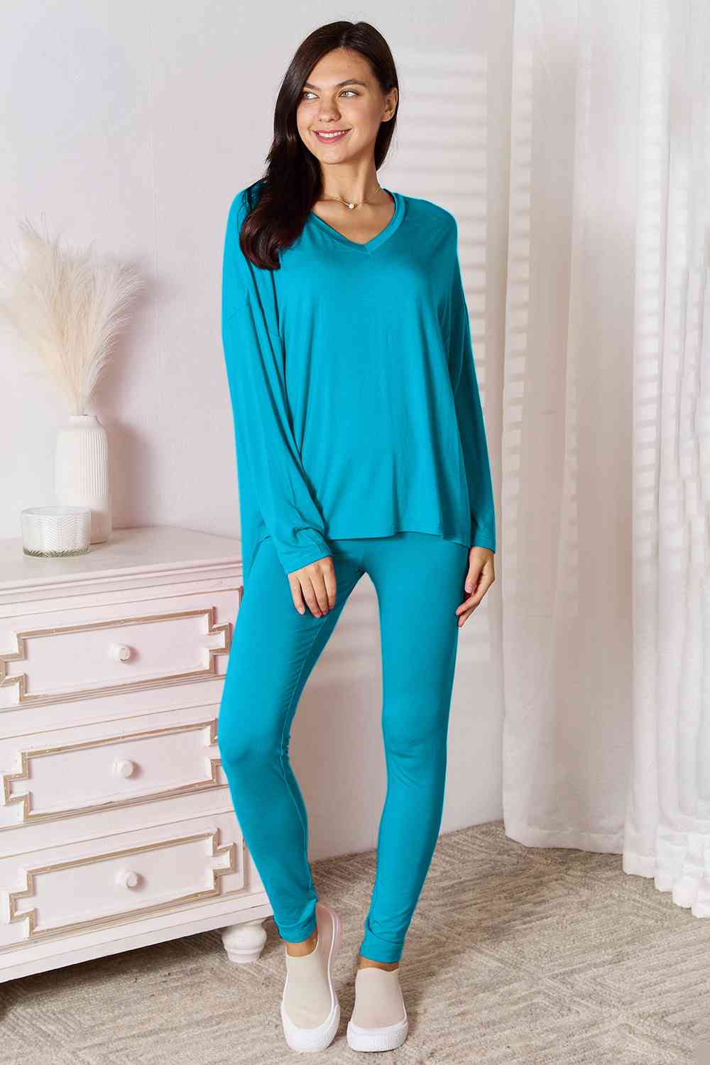 Basic Bae Full Size V-Neck Soft Rayon Long Sleeve Top and Pants Lounge Set - NeoKira Unlimited