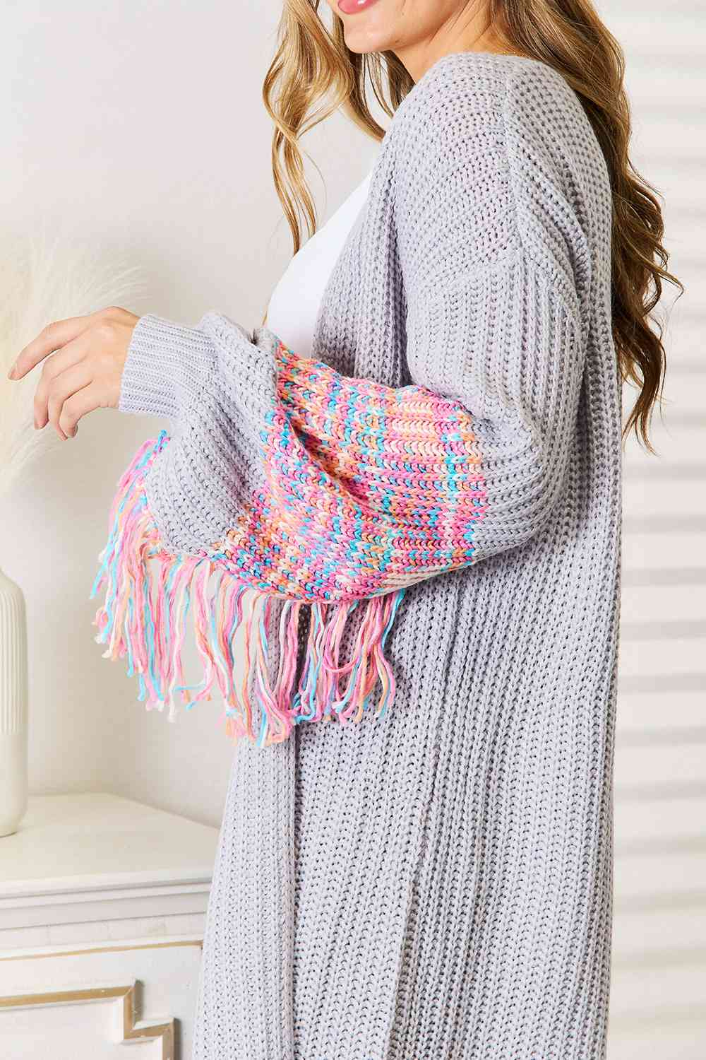 Woven Right Fringe Sleeve Dropped Shoulder Cardigan - NeoKira Unlimited