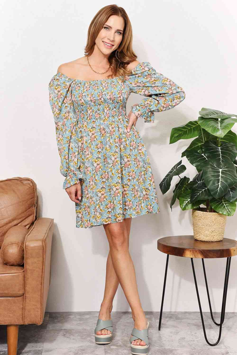 Honey Floral Smocked Flounce Sleeve Square Neck Dress - NeoKira Unlimited