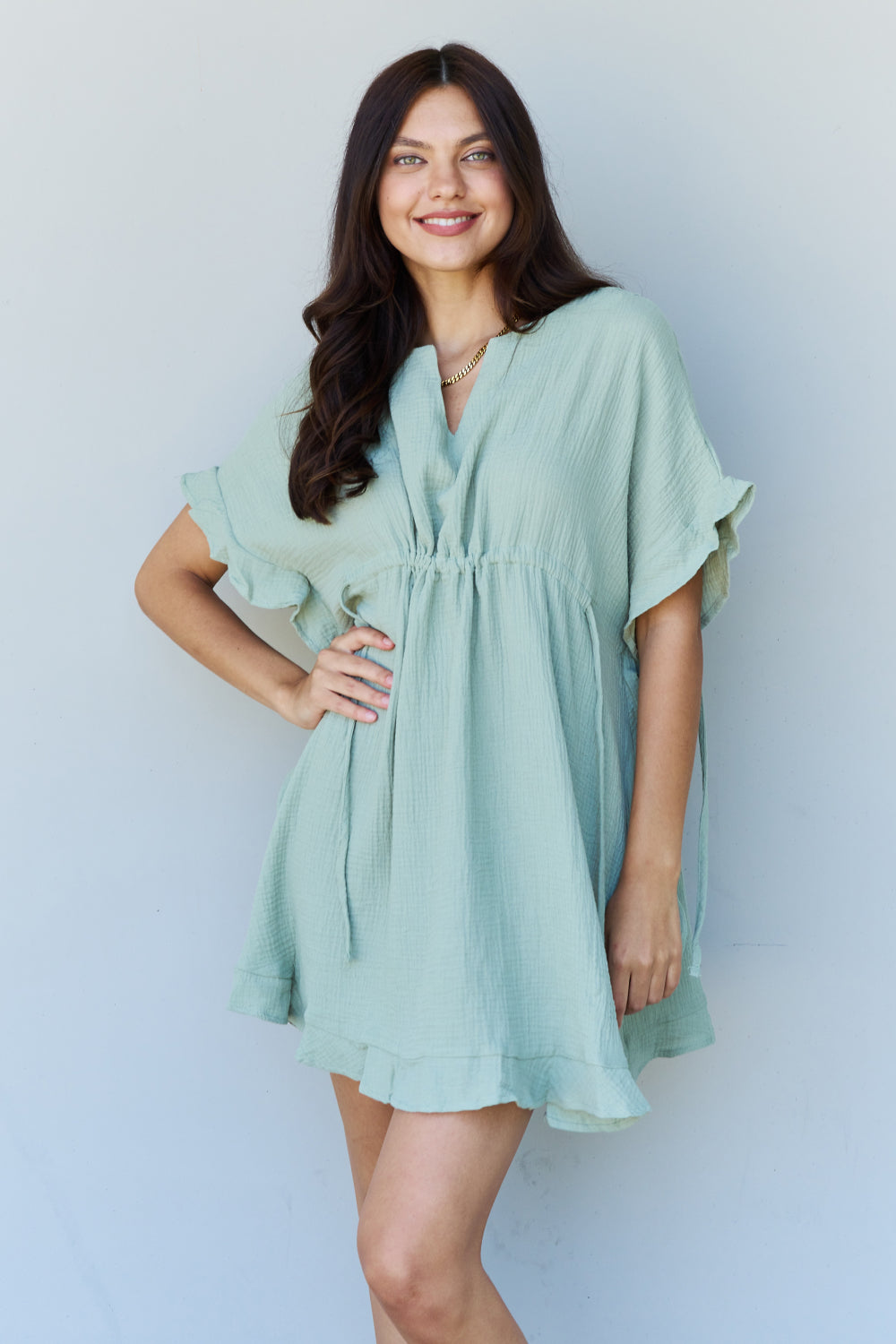 Ninexis Out Of Time Full Size Ruffle Hem Dress with Drawstring Waistband in Light Sage Mini Dress Trendsi   