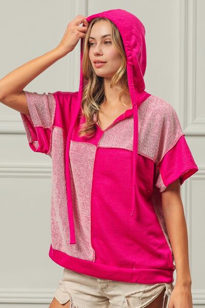 BiBi Color Block Exposed Seam Short Sleeve Hooded Top Hooded Top Trendsi FUCHSIA S 