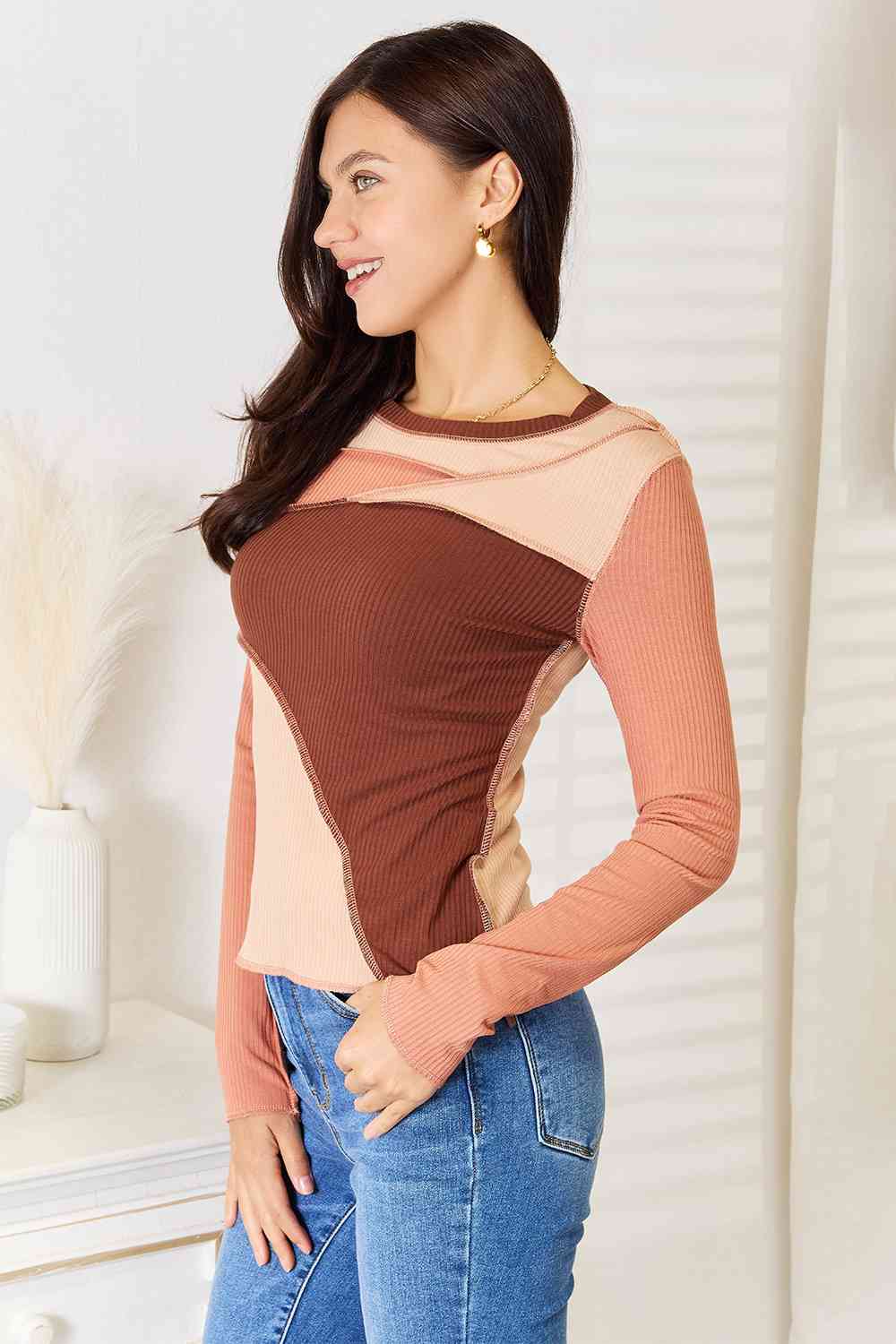 Double Take Color Block Exposed Seam Long Sleeve Top - NeoKira Unlimited