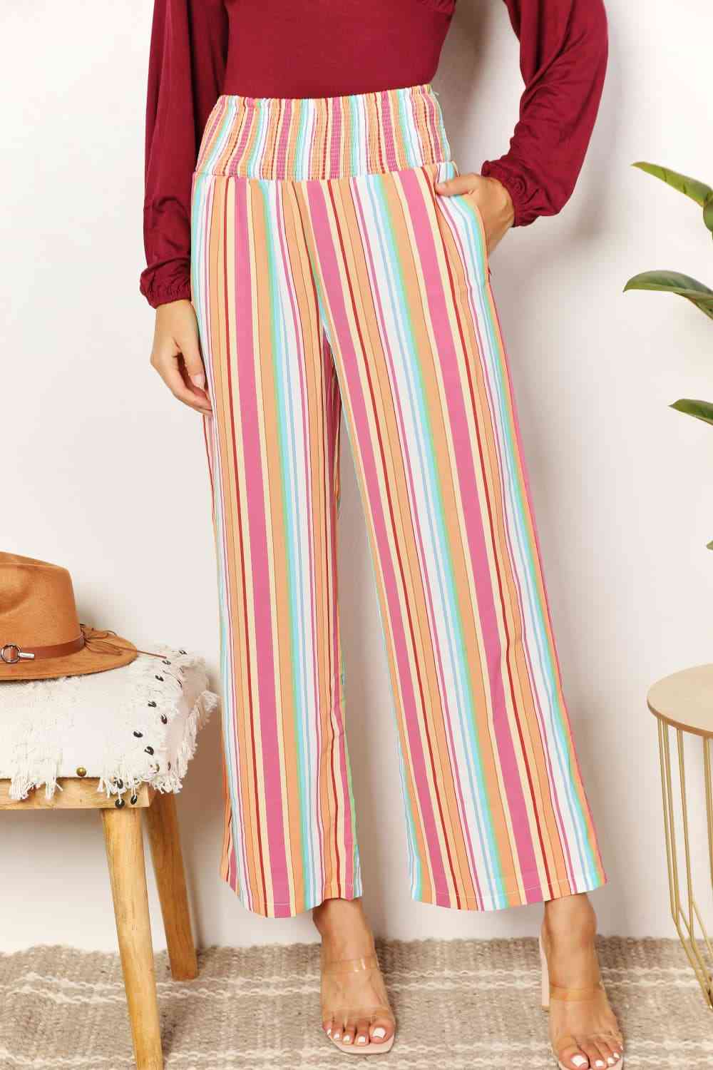 Double Take Striped Smocked Waist Pants with Pockets Pants Trendsi Multicolor S 