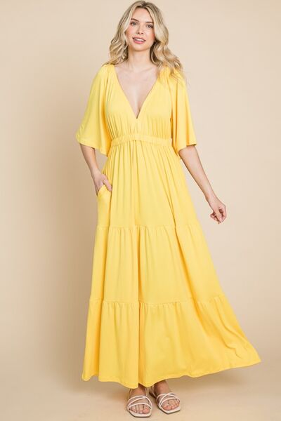 Culture Code Backless Plunge Half Sleeve Tiered Dress Maxi Dress Trendsi LEMONADE S 