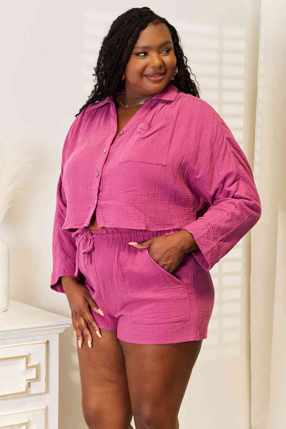 Basic Bae Buttoned Long Sleeve Top and Shorts Set - NeoKira Unlimited