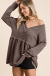 BiBi Waffle Knit V-Neck Babydoll Blouse Blouse Trendsi   