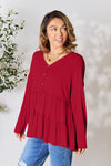 Double Take Half Button Long Sleeve Ruffle Hem Blouse Blouse Trendsi Wine S 