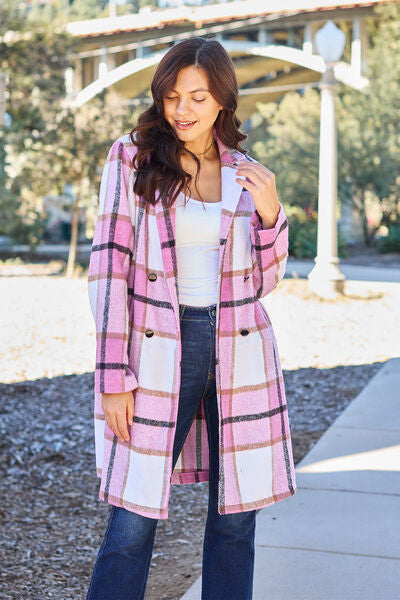 Double Take Full Size Plaid Button Up Lapel Collar Coat Coat Trendsi Carnation Pink S 