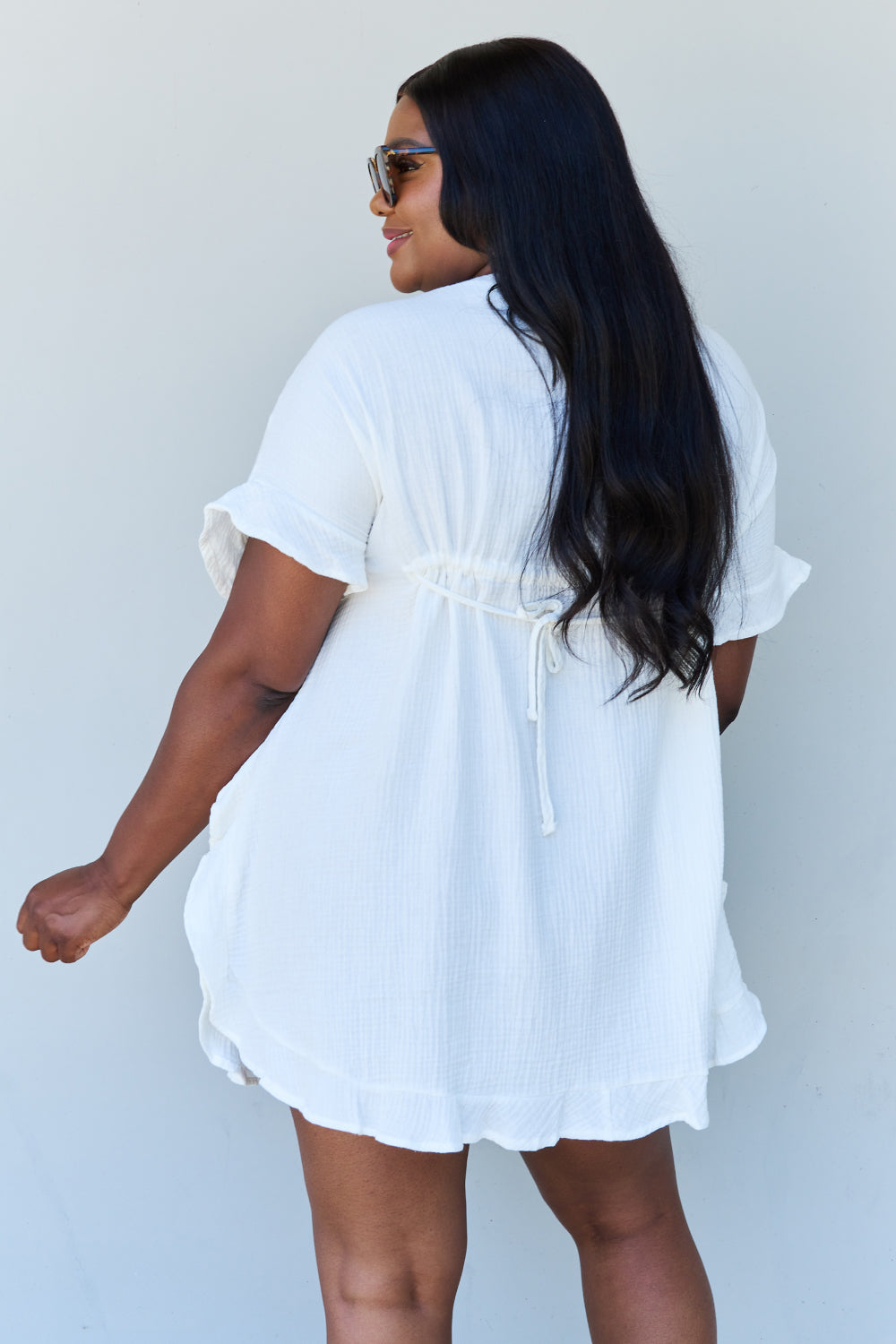 Ninexis Out Of Time Full Size Ruffle Hem Dress with Drawstring Waistband in White Mini Dress Trendsi   