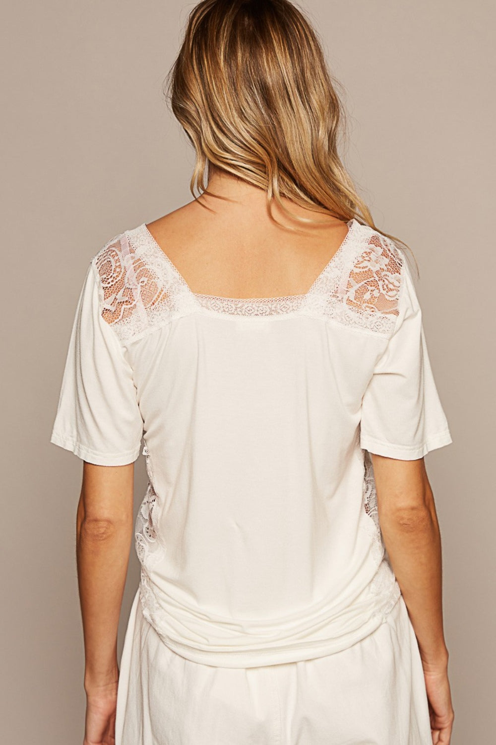 POL V-Neck Short Sleeve Lace Trim Top Top Trendsi   