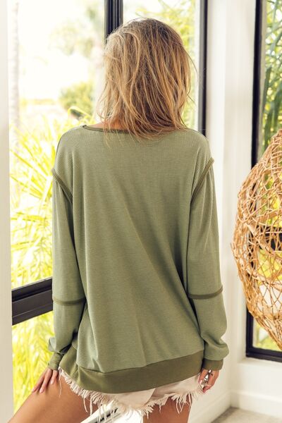 BiBi Waffle Knit Contrast Trim Long Sleeve T-Shirt - NeoKira Unlimited