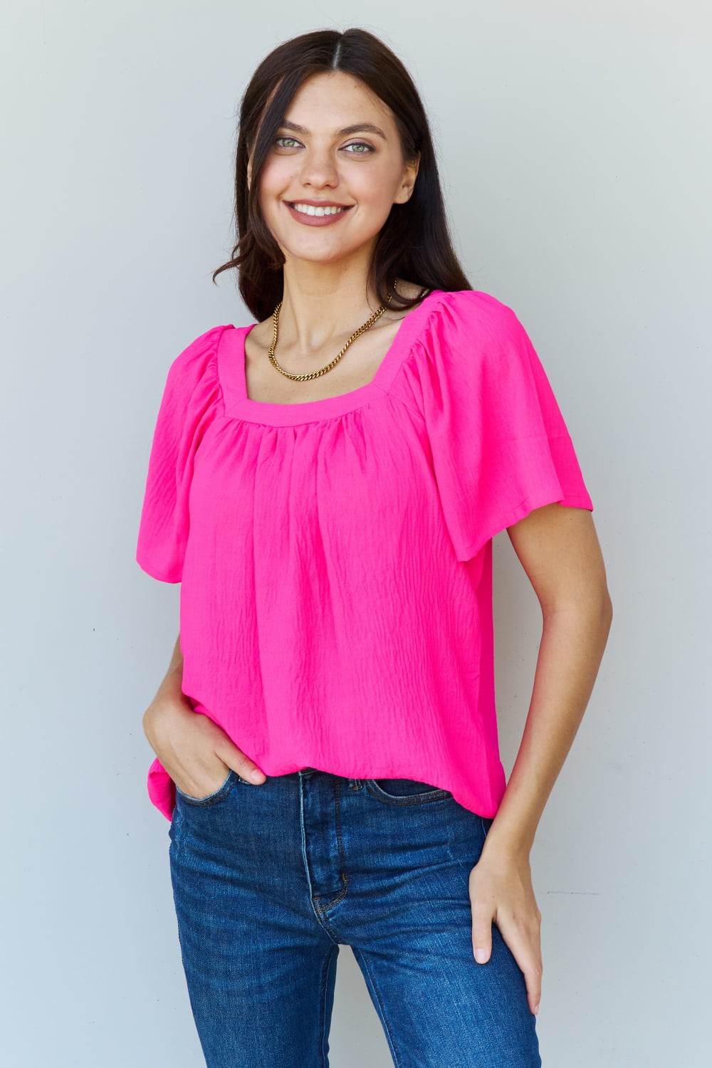 Ninexis Keep Me Close Square Neck Short Sleeve Blouse in Fuchsia Top Trendsi Fuchsia S 