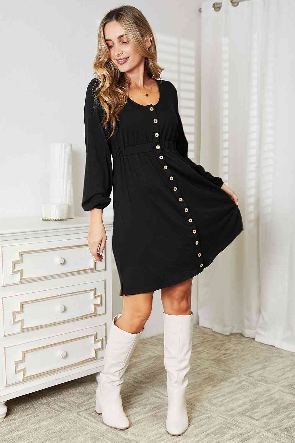 Double Take Scoop Neck Empire Waist Long Sleeve Magic Dress Mini Dress Trendsi   