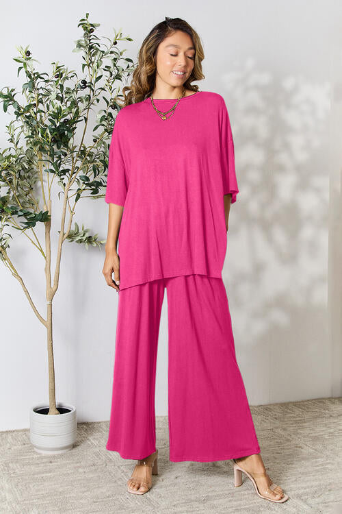 Double Take Full Size Round Neck Slit Top and Pants Set - NeoKira Unlimited