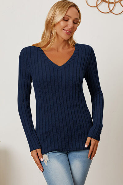 Basic Bae Full Size Ribbed V-Neck Long Sleeve Shirt - NeoKira Unlimited