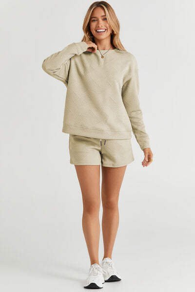 Double Take Full Size Texture Long Sleeve Top and Drawstring Shorts Set Shorts Set Trendsi   