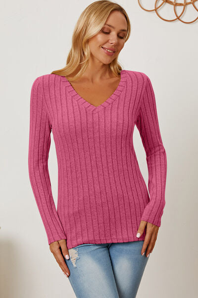 Basic Bae Full Size Ribbed V-Neck Long Sleeve Shirt Top Trendsi Hot Pink S 
