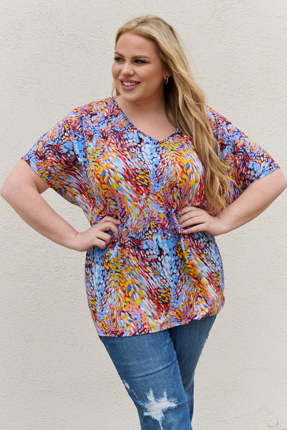 Be Stage Full Size Printed Dolman Flowy Top Top Trendsi   