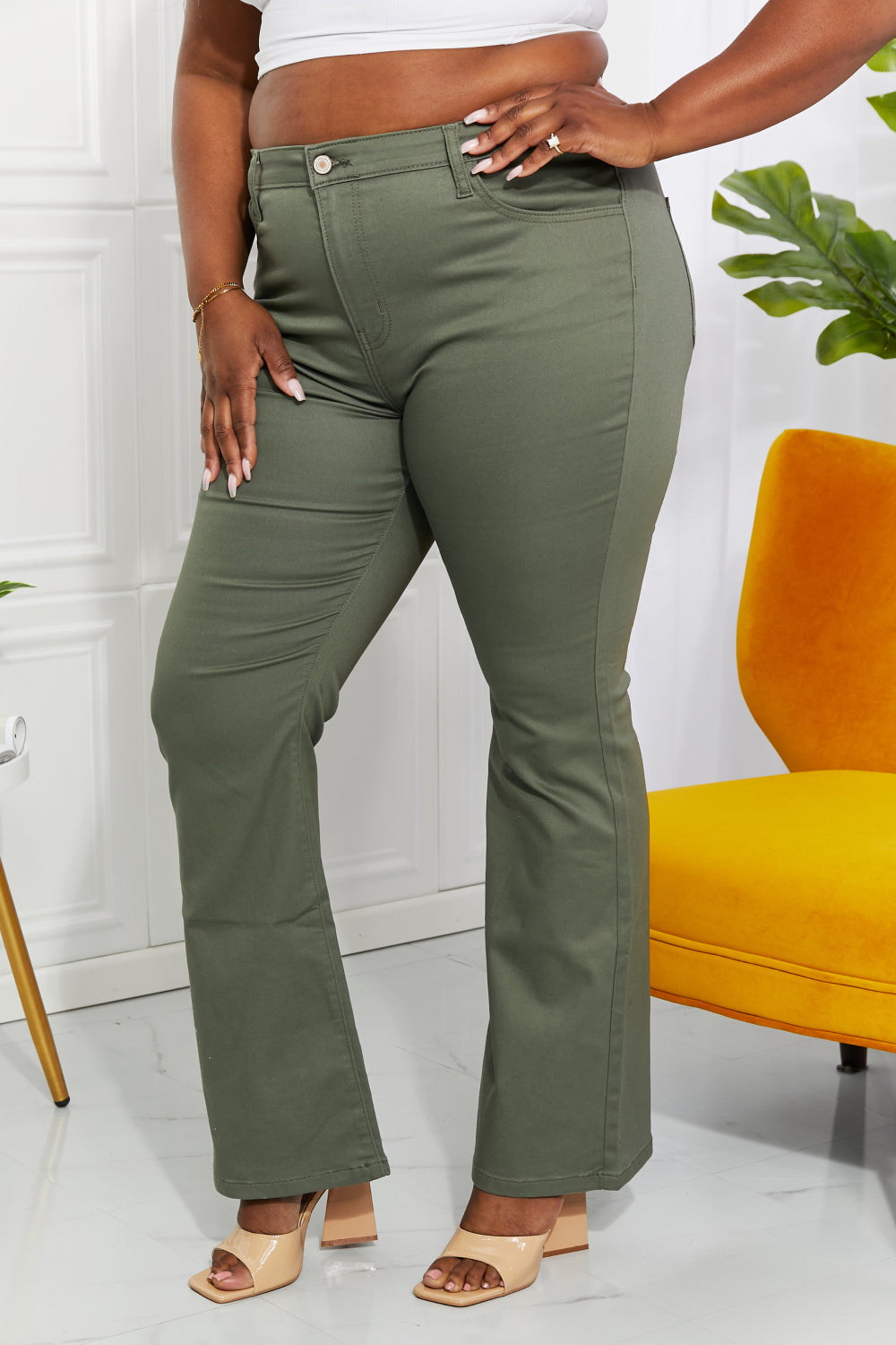 Zenana Clementine Full Size High-Rise Bootcut Jeans in Olive Pants Trendsi   