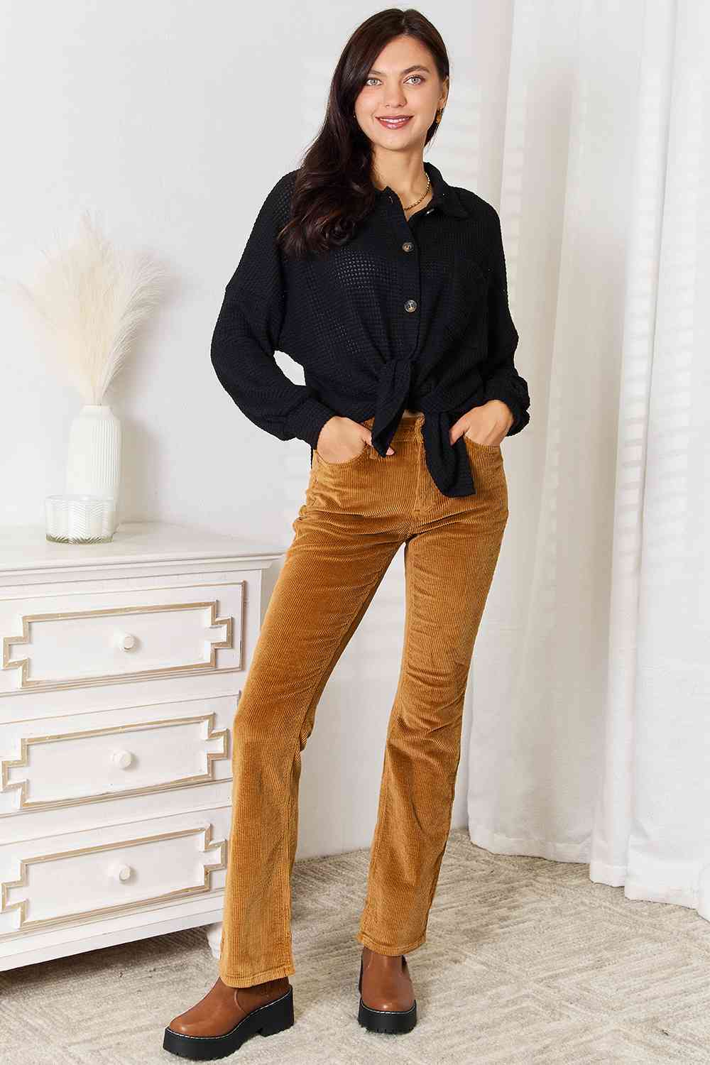 Double Take Waffle-Knit Collared Neck Dropped Shoulder Shirt - NeoKira Unlimited