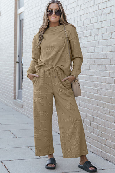 Double Take Full Size Textured Long Sleeve Top and Drawstring Pants Set - NeoKira Unlimited