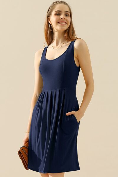 Doublju Full Size Round Neck Ruched Sleeveless Dress with Pockets Mini Dress Trendsi NAVY S 