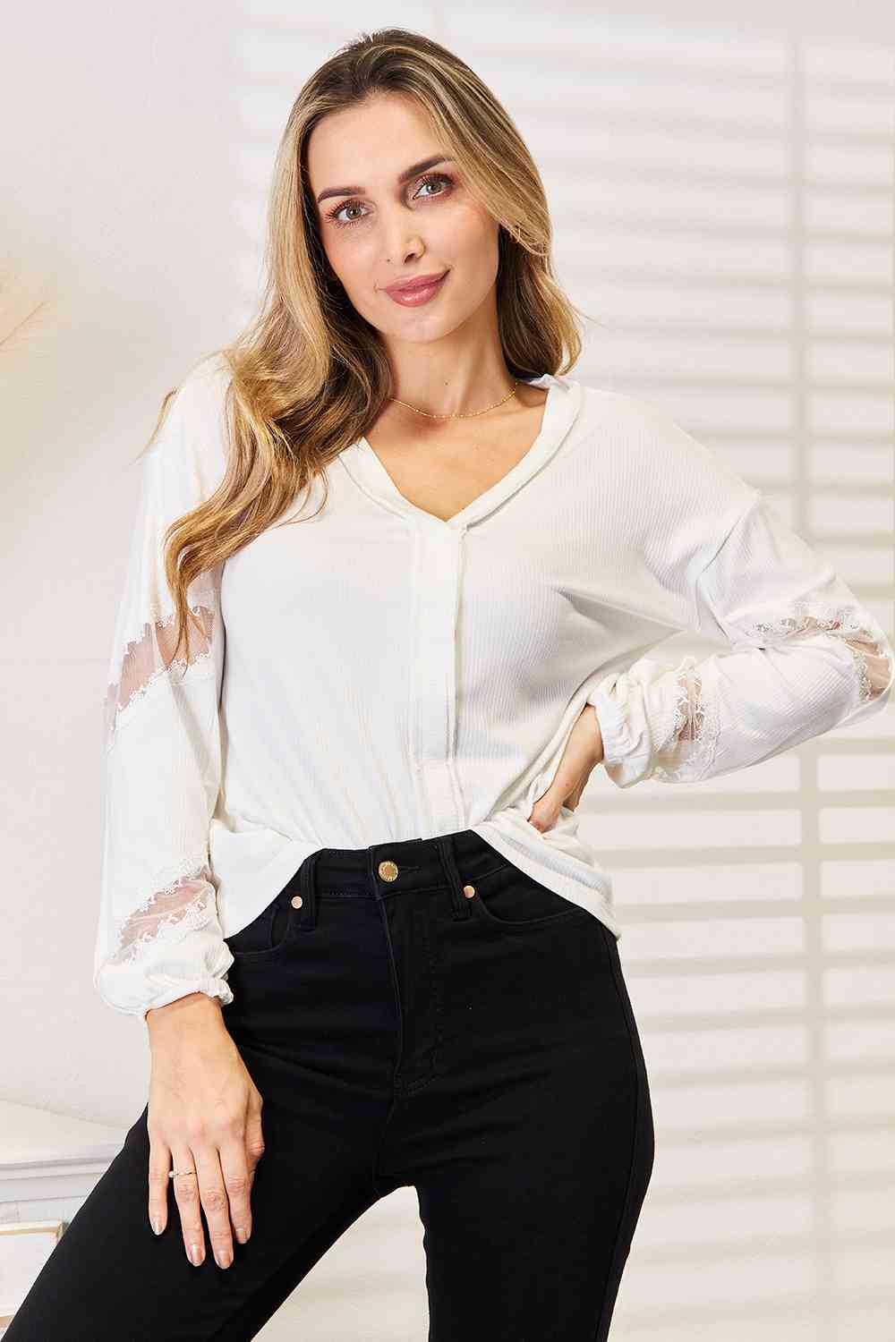 Double Take V-Neck Dropped Shoulder Blouse Top Trendsi   