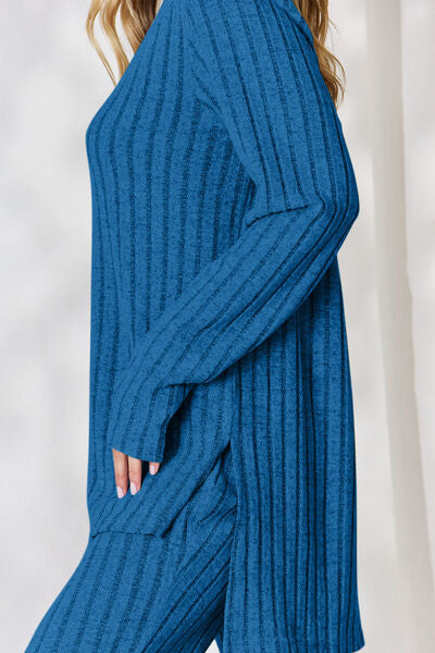 Basic Bae Full Size Ribbed High-Low Top and Wide Leg Pants Set - NeoKira Unlimited