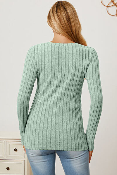 Basic Bae Full Size Ribbed V-Neck Long Sleeve Shirt - NeoKira Unlimited