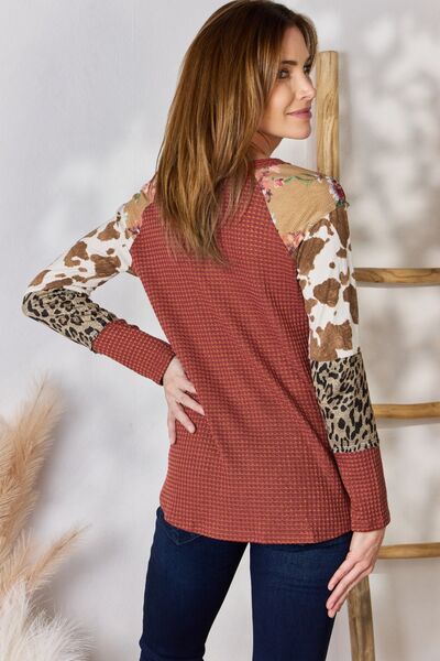 Hailey & Co Full Size Leopard Waffle-Knit Blouse - NeoKira Unlimited