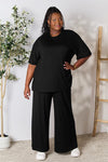 Double Take Full Size Round Neck Slit Top and Pants Set Pants Set Trendsi Black S 