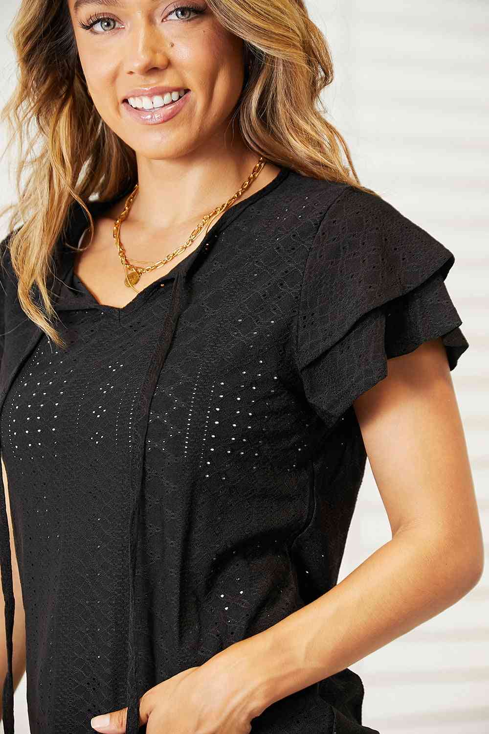 Double Take Eyelet Tie-Neck Flutter Sleeve Blouse Top Trendsi   