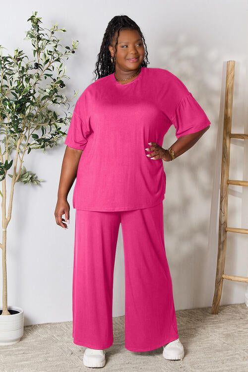 Double Take Full Size Round Neck Slit Top and Pants Set Pants Set Trendsi Hot Pink S 