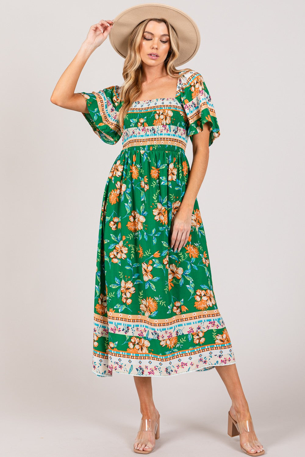 SAGE + FIG Printed Smocked Short Sleeve Midi Dress Midi Dress Trendsi GREEN S 