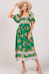 SAGE + FIG Printed Smocked Short Sleeve Midi Dress Midi Dress Trendsi GREEN S 