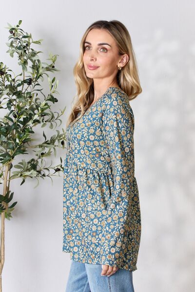 Heimish Full Size Floral Half Button Long Sleeve Blouse - NeoKira Unlimited
