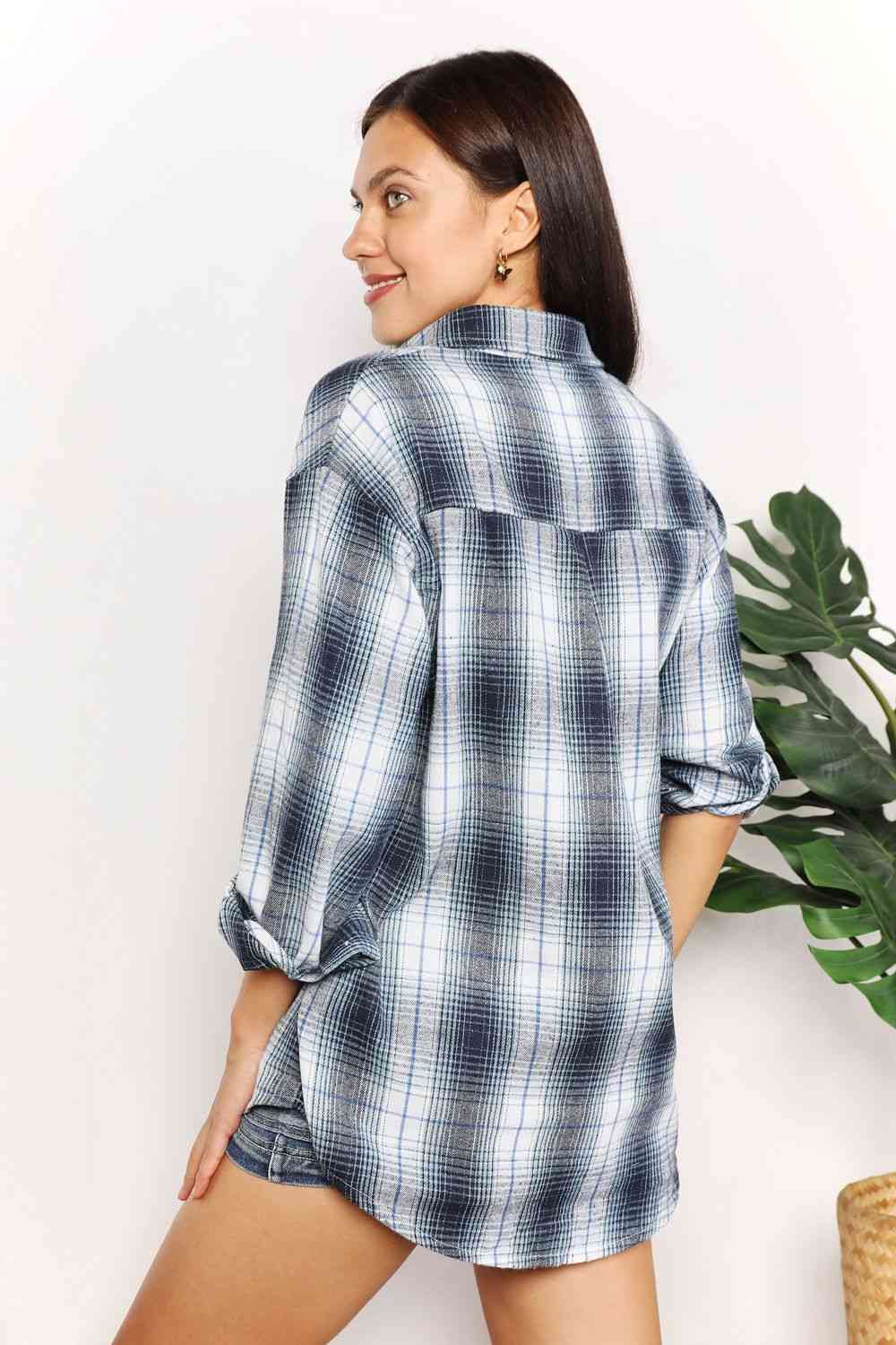 Double Take Plaid Dropped Shoulder Shirt Shirt Trendsi   