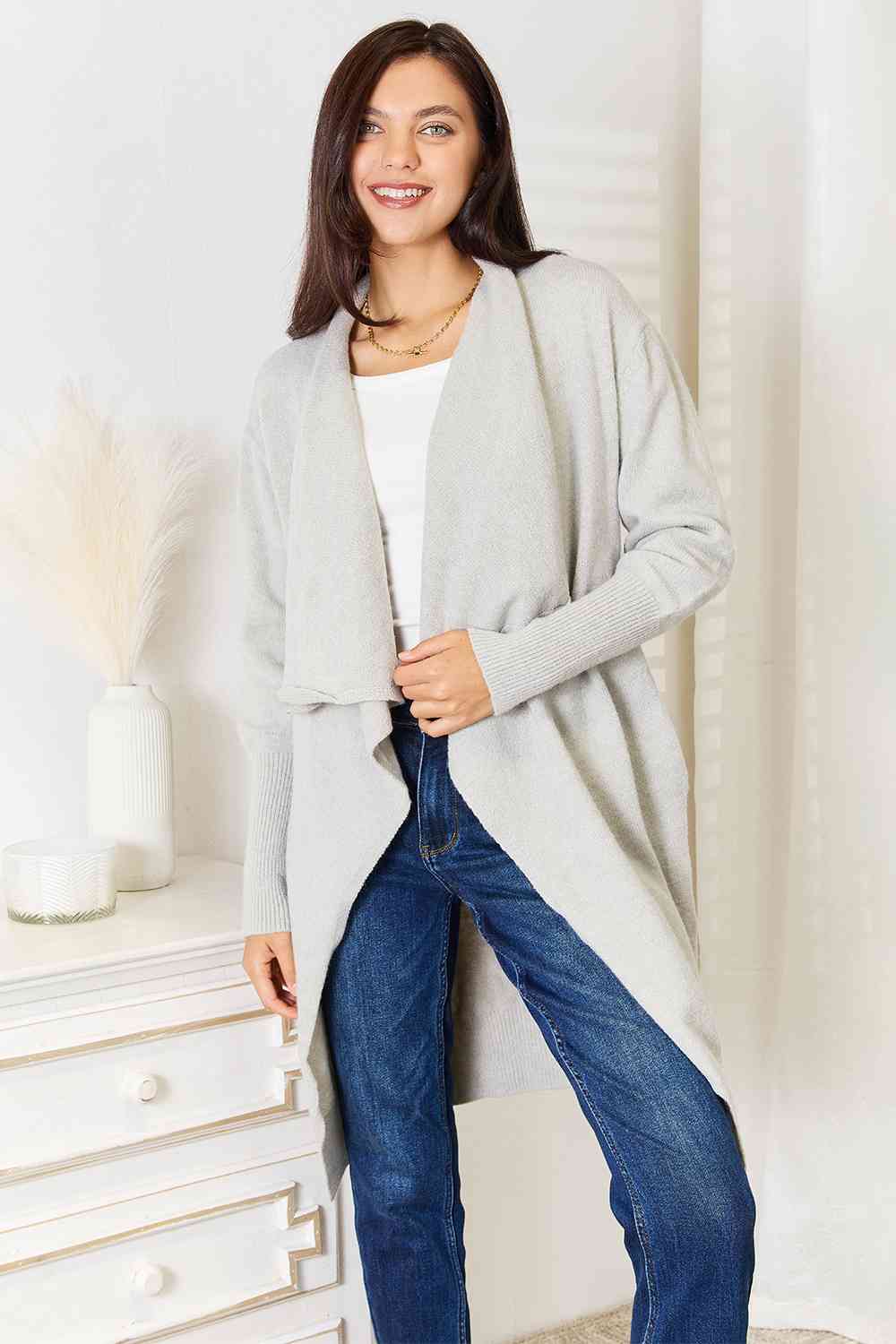 Double Take Open Front Duster Cardigan with Pockets Cardigan Trendsi Light Gray S 