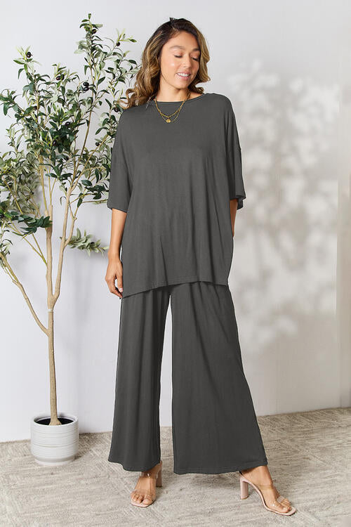 Double Take Full Size Round Neck Slit Top and Pants Set - NeoKira Unlimited