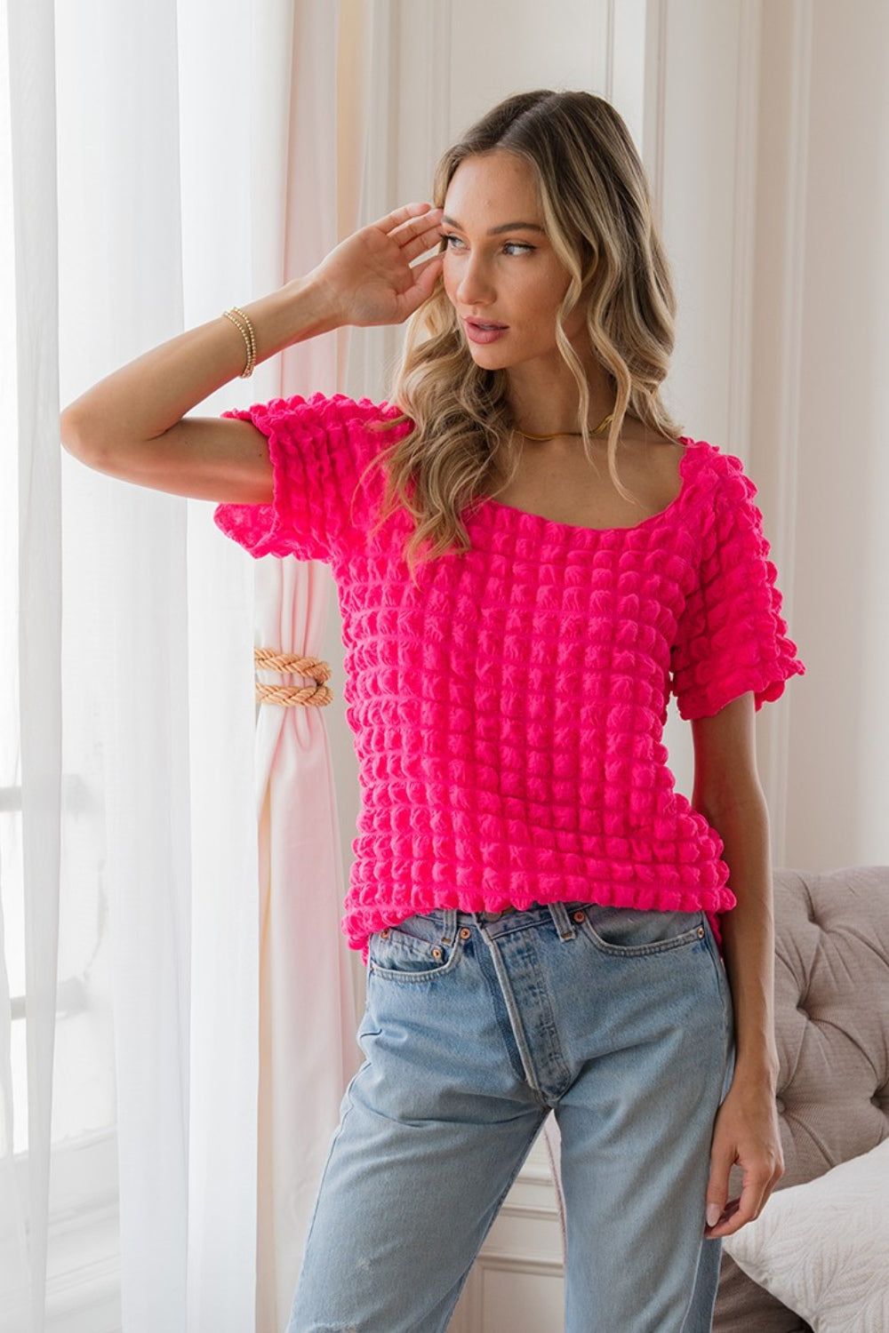 Sew In Love Bubble Textured Round Neck Short Sleeve T-Shirt T-Shirt Trendsi HOTPINK S 