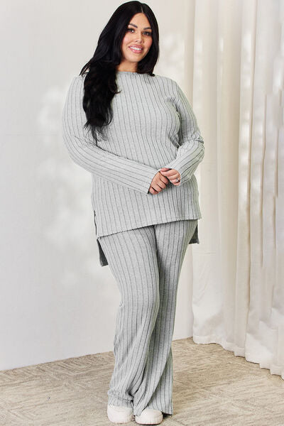 Basic Bae Full Size Ribbed High-Low Top and Wide Leg Pants Set - NeoKira Unlimited