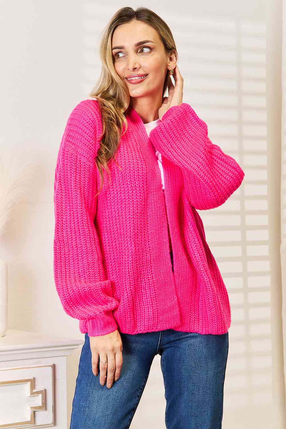 Woven Right Rib-Knit Open Front Drop Shoulder Cardigan Cardigan Trendsi   