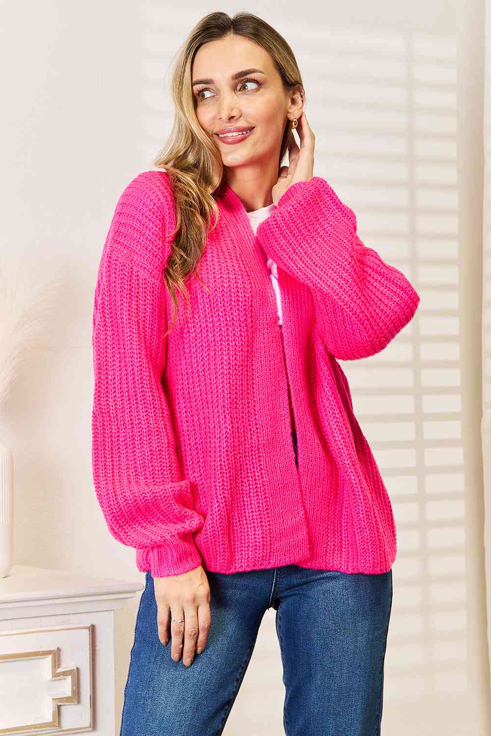 Woven Right Rib-Knit Open Front Drop Shoulder Cardigan - NeoKira Unlimited