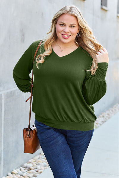 Basic Bae Full Size V-Neck Lantern Sleeve Blouse Top Trendsi   